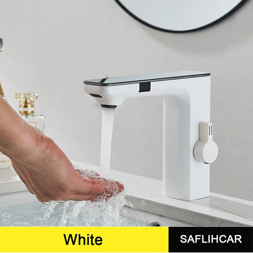 White Smart Daul Sensor Bathroom Basin Faucet Hot Cold Water Mixer Deck Mount  Bathroom Sink Faucet