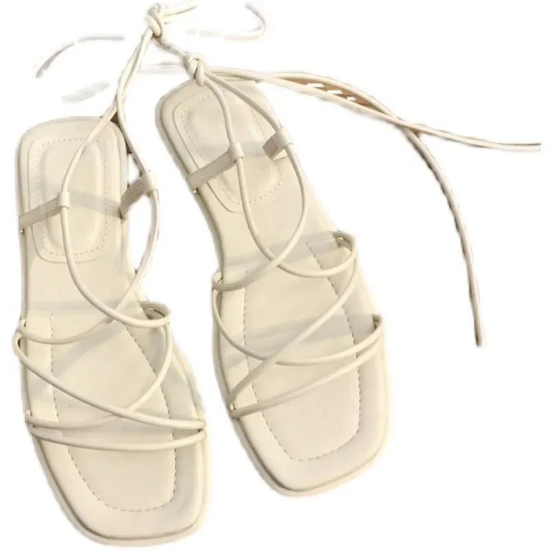 Summer Shoes Women Sandals Narrow Band Vintage Square Toe Flat Cross Strap Thong Sandals V Shape Design Shoes Women