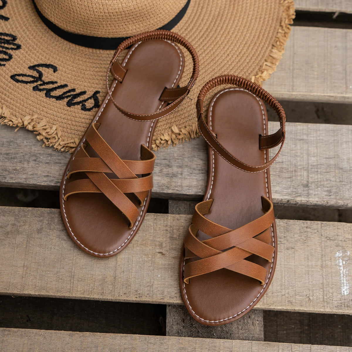 Shoes for Women 2024 Summer New Women Fashion Flat Sandals Bottom Roman Strap Sandals Non Slip Rubber Soles Ladies Beach Shoes