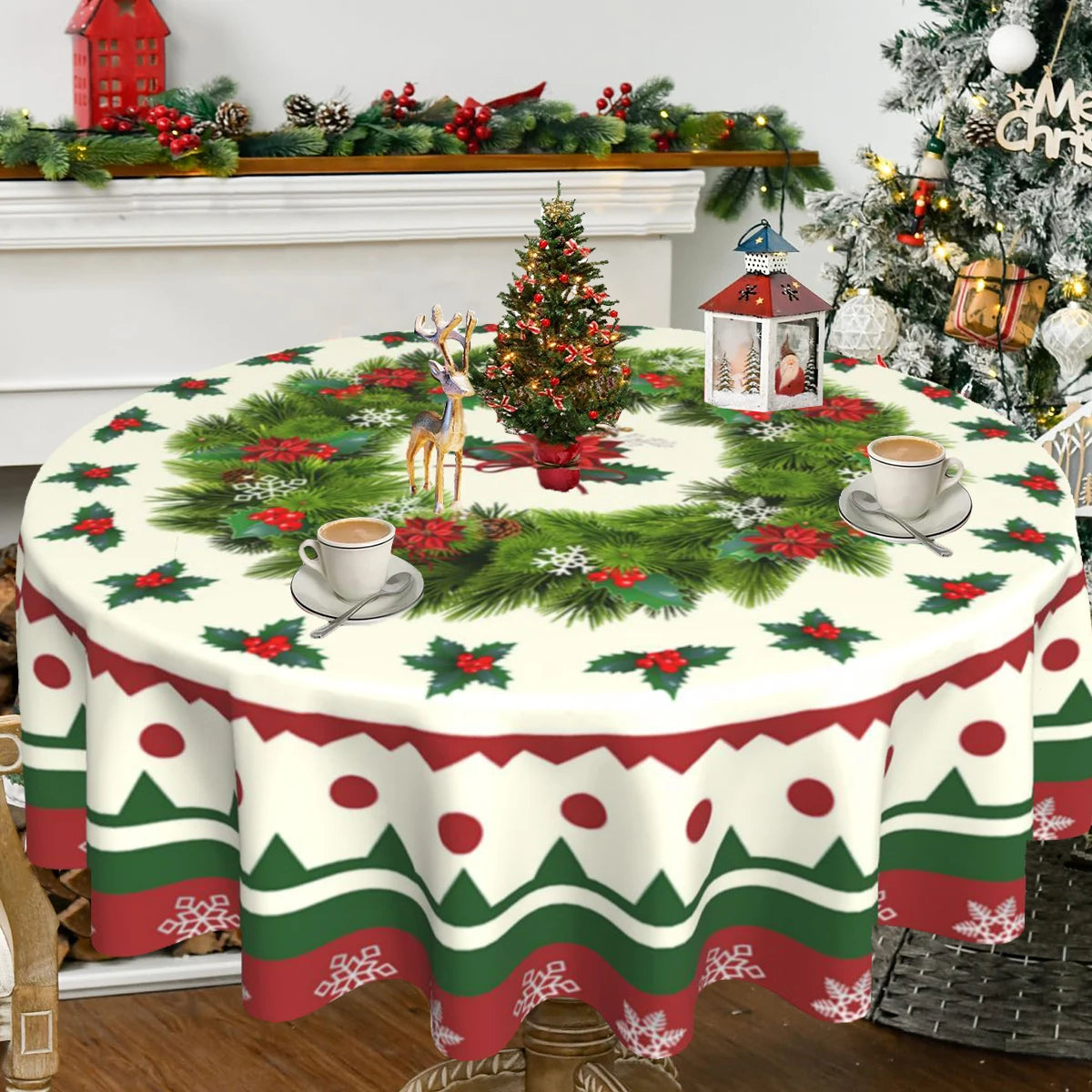 Christmas Tablecloth Black Merry Christmas Round Table Cloth Christmas Elk and Presents Table Cover Fabric Home Decoration Gift