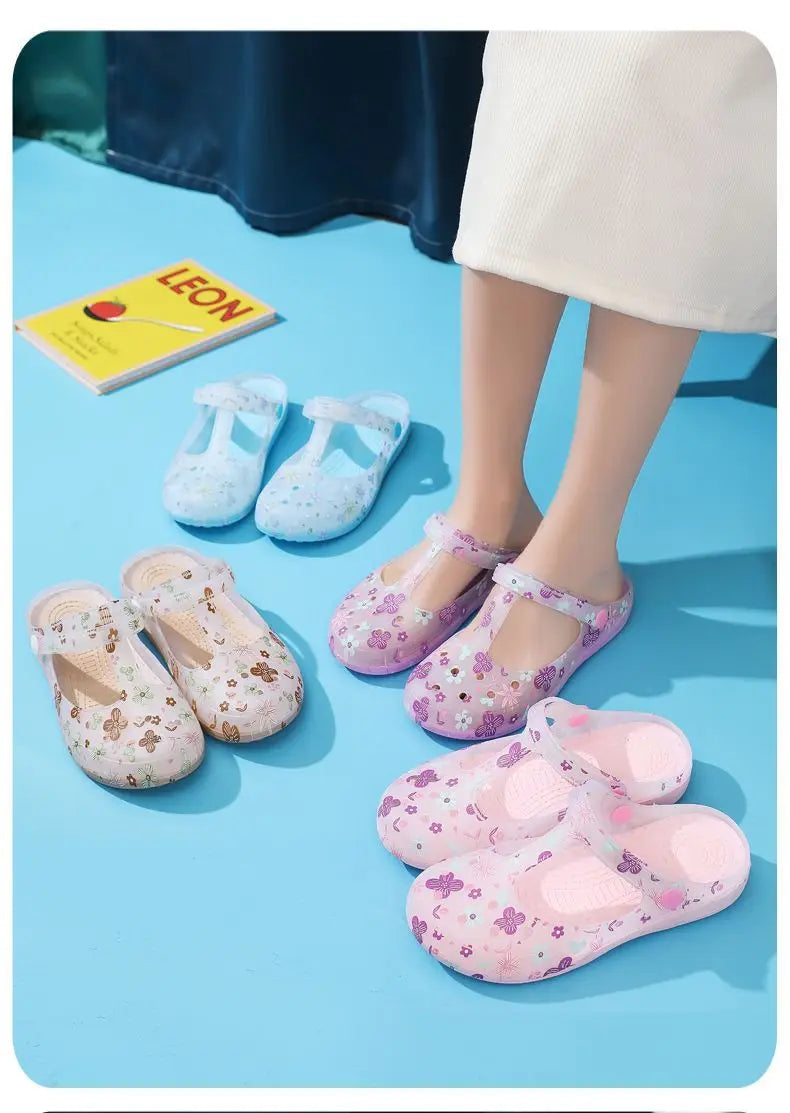 Women's Pink Floral & Butterfly Print Transparent T - Strap Jelly Sandals - Comfortable & Stylish Summer Printed Hole Shoes