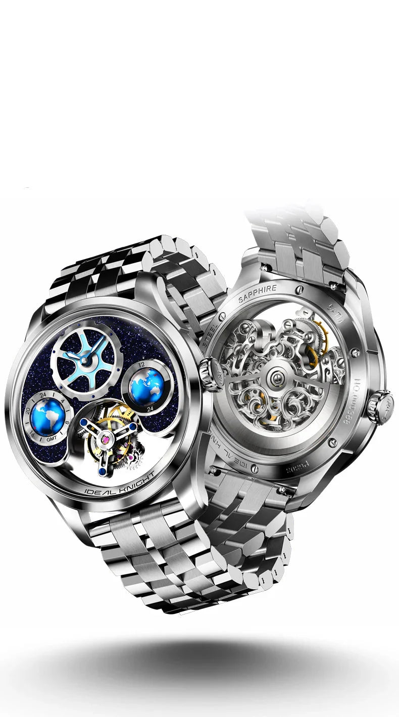 IDEAL KNIGHT blue earth tourbillon watch luxury skeleton automatic timepiece