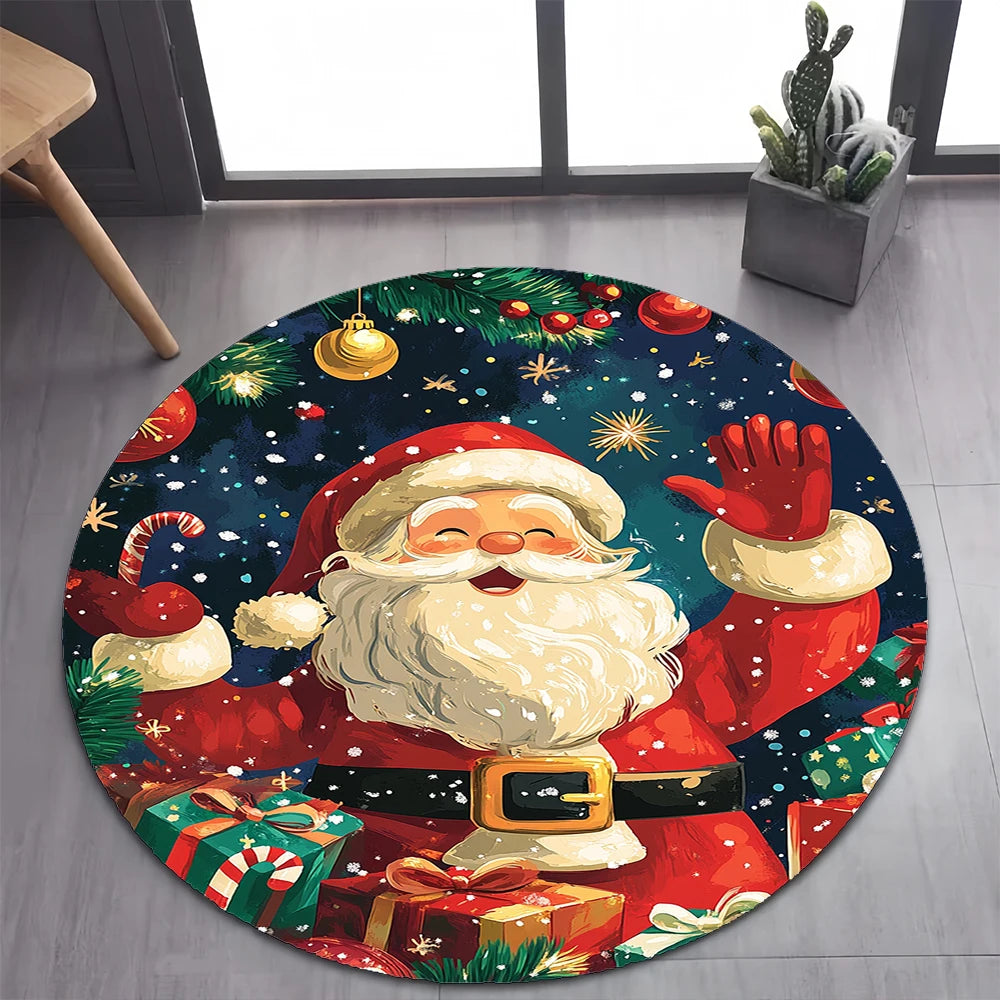 Cute Santa Claus Merry Christmas Tree Cartoon Festival Gift Round Carpet Rug for Bedroom Living Room Decoration,Decor Floor Mat