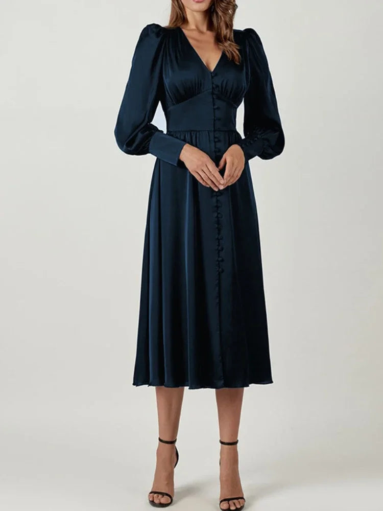 Elegante Mode Einreihig High Waist Satin Kleid - Midi Gr M