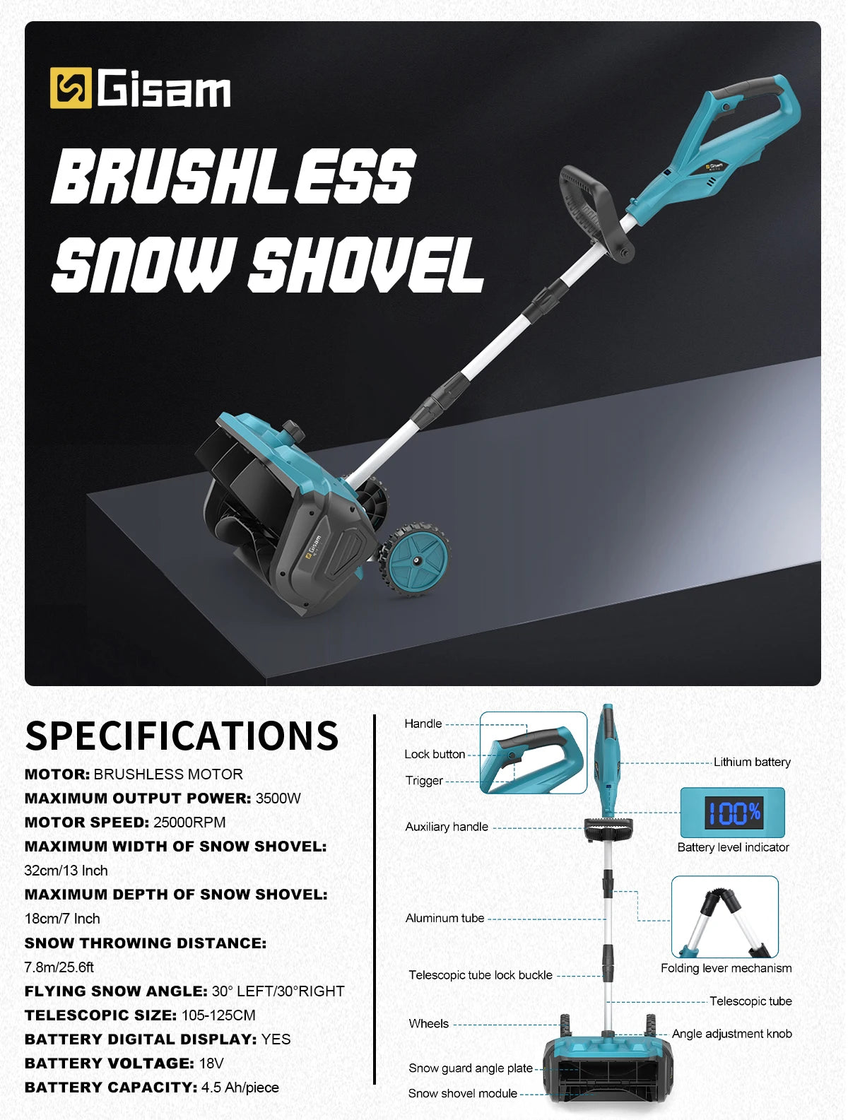 Gisam Schneepflug Bürstenlos - 4,5 Ah,3500 W, Breite 32 cm