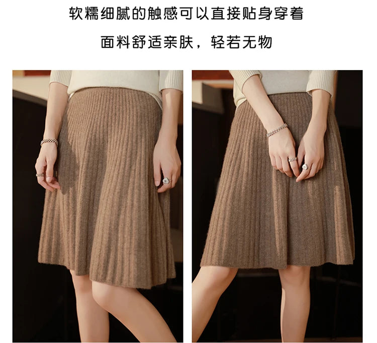 Elegant Women 100% Wool Knitted Skirt Korean Fashion Solid Casual A Line Ladies Pleated Short Skirt Spring Chic High Waist Skirt