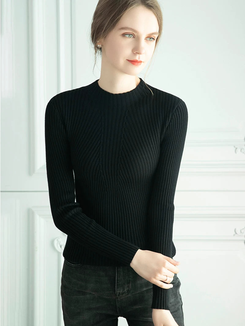 Pulover Livia cu guler înalt slim, cu nervuri - S-XL, mânecă lungă