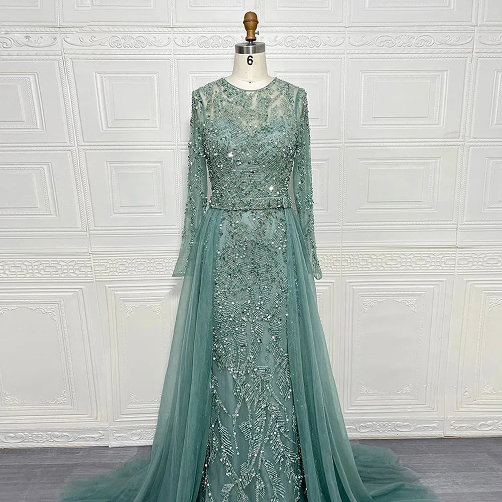 Elegant Evening Dress for Women 2025 Muslim Long Sleeves Mermaid Detachable Train Beads Formal Prom Wedding Party Gown Customizd