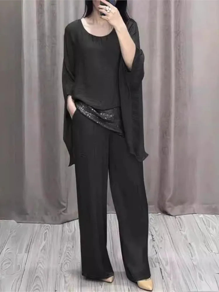 Elegant Women's Suit Casual  Batwing Sleeve Blouse Top With Wide Leg Pants Fashion 2 Piece Set Party Outfits 2024 New Autumn