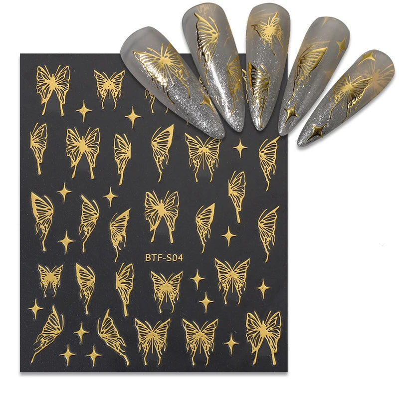 Mix 3 Sheets 3D Stickers for Nails Gold Sliver Rose Gold Laser Butterfly Moon Sun Adhesive Sliders DIY Nail Art Accessories