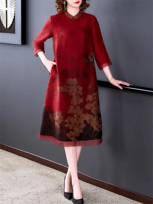 Wedding Dress For Mother 2025 Spring Summer Fashion Vintage Printed Cheongsam Dress Women's  Loose Large Size Midi Qipao A675