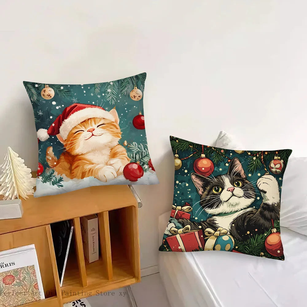 Christmas Cat Pillow Case Fashion Square Pillowcase Bedroom Sofa Room Ins Decoration Leisure Cushion Cover 40x40