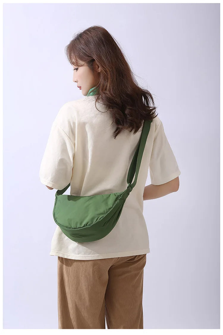 Solid Color Women's Portable Shoulder Bag Simple Female Nylon Cloth Padded Crossbody Bags Travel Purse Handbags Messenger Bag
