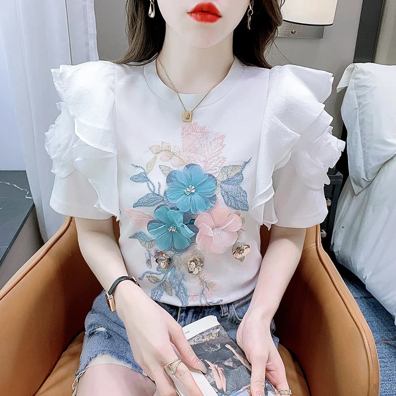 Ruffled White T-shirt Women's Short-Sleeved Floral Tshirt 2023 Summer New High-End Heavy Embroidery Flower Chic Top Tees