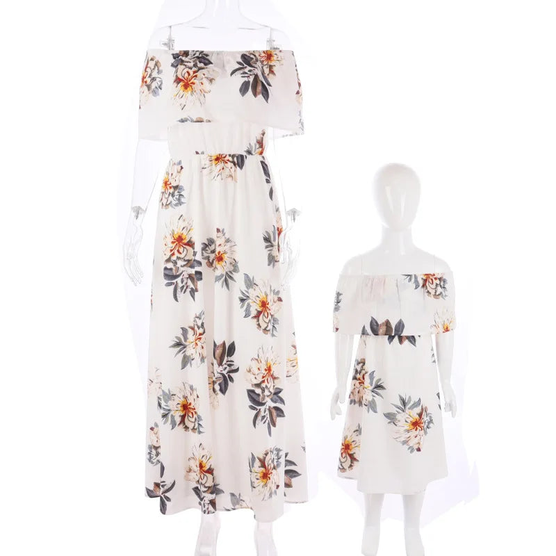 New Mother Daughter Summer Dresses Floral Slash Neck Beach Chiffon Dress Mom Mommy and Me Loose Dress Family Matching Outfits