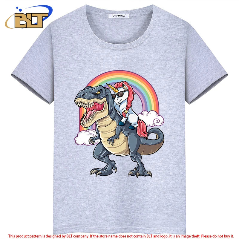 Kinder-T-Shirt 2025: Einhorn auf Dinosaurier - Premium Baumwoll-Mix