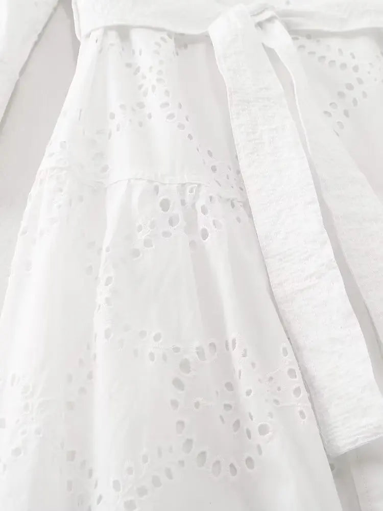 Elegant Embroidered White Dress Women Chic Lapel Long Sleeve High Waist Lace Up Maxi Dresses Fashion Female Hollow Out Vestidos