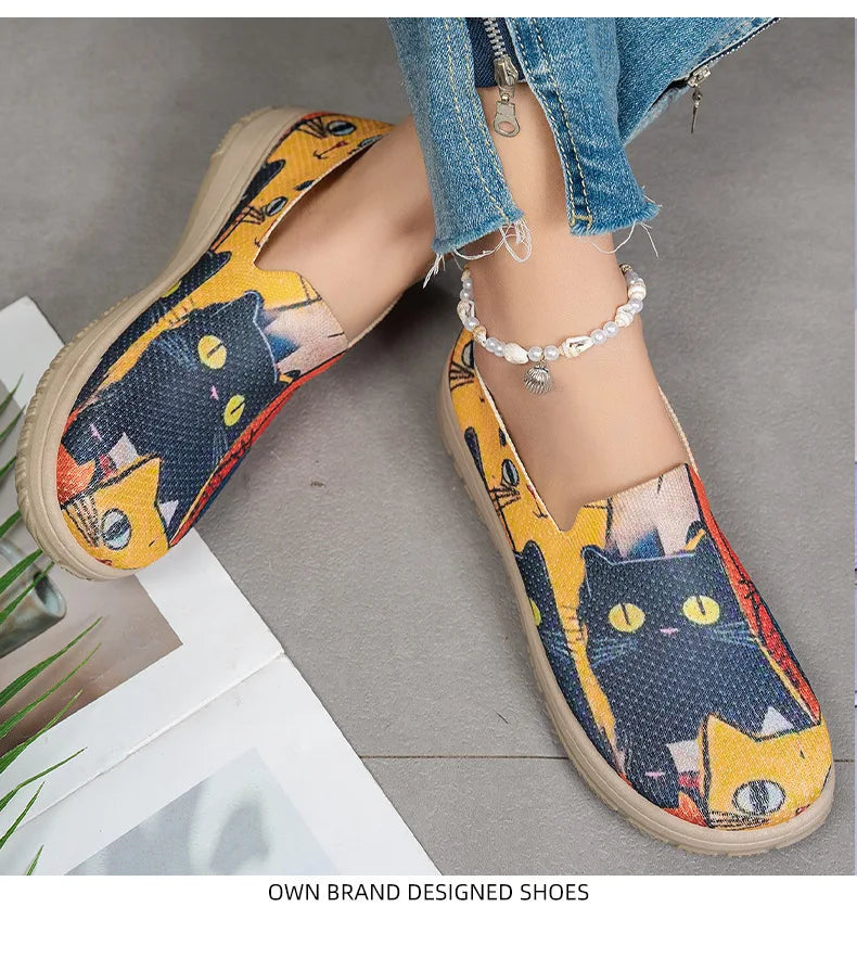 Women's Slip-On Sneakers Cat Print Spring Casual Shoes Plus Size Flat Sole Comfort Color Block Fabric Breathable Lightweight