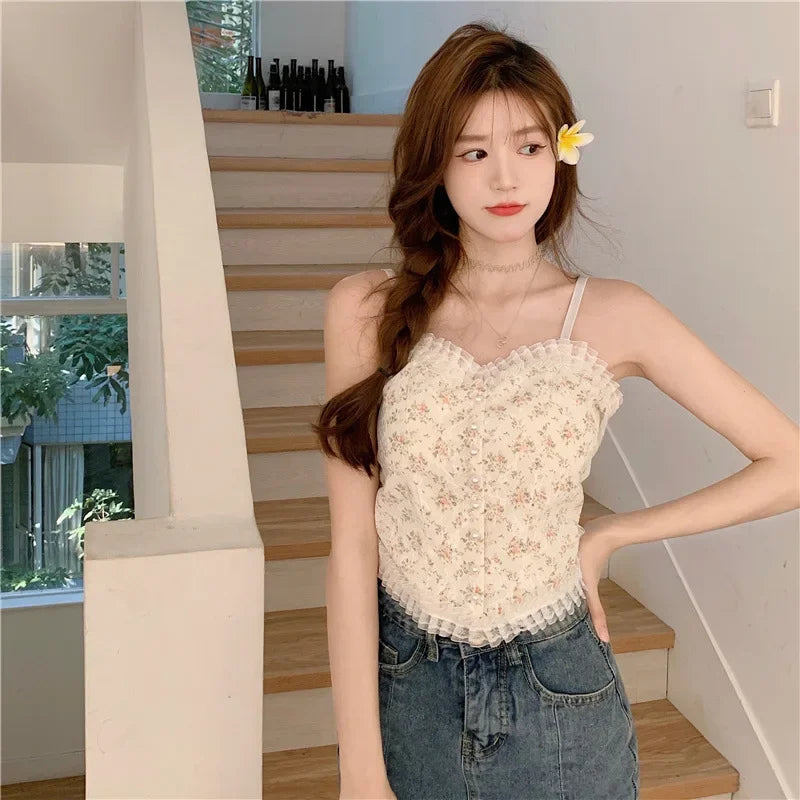 Camisole 2025: Lace Flower Print Cami Crop Tank Tops Summer Camisole - Women's Tube Top Elegant Slim Short Tanks Vest Sexy Y2k Pearl Collection