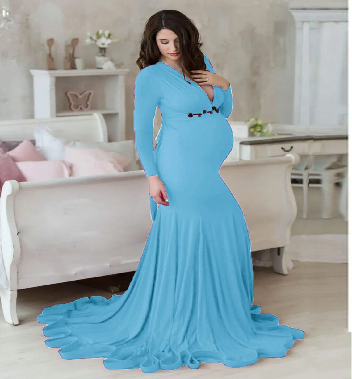 Women's Spring Autumn Maternity Dress Elegant Slim V-Neck Long Sleeve Mermaid Maxi Gowns for Photography Baby Shower Photoshoot