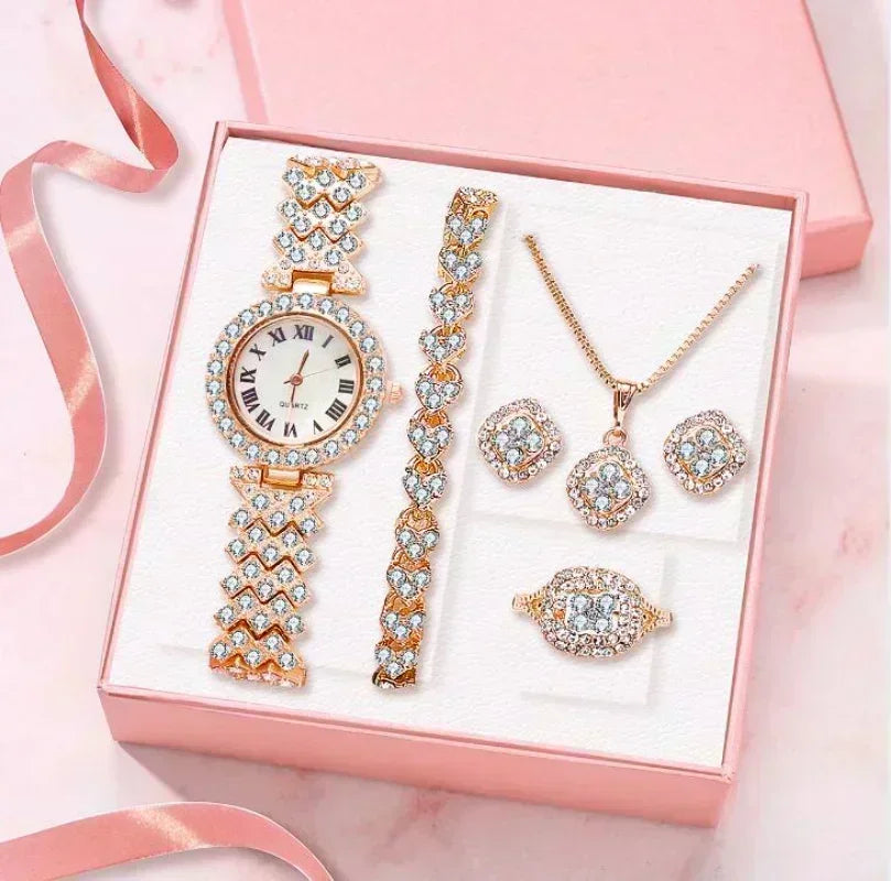 Mode Luxus Vollkristall 5-teiliges Set - Uhr Halskette Ohrringe Ring Set für Damen - Strass Armbanduhr Damen Armband Set Geschenk