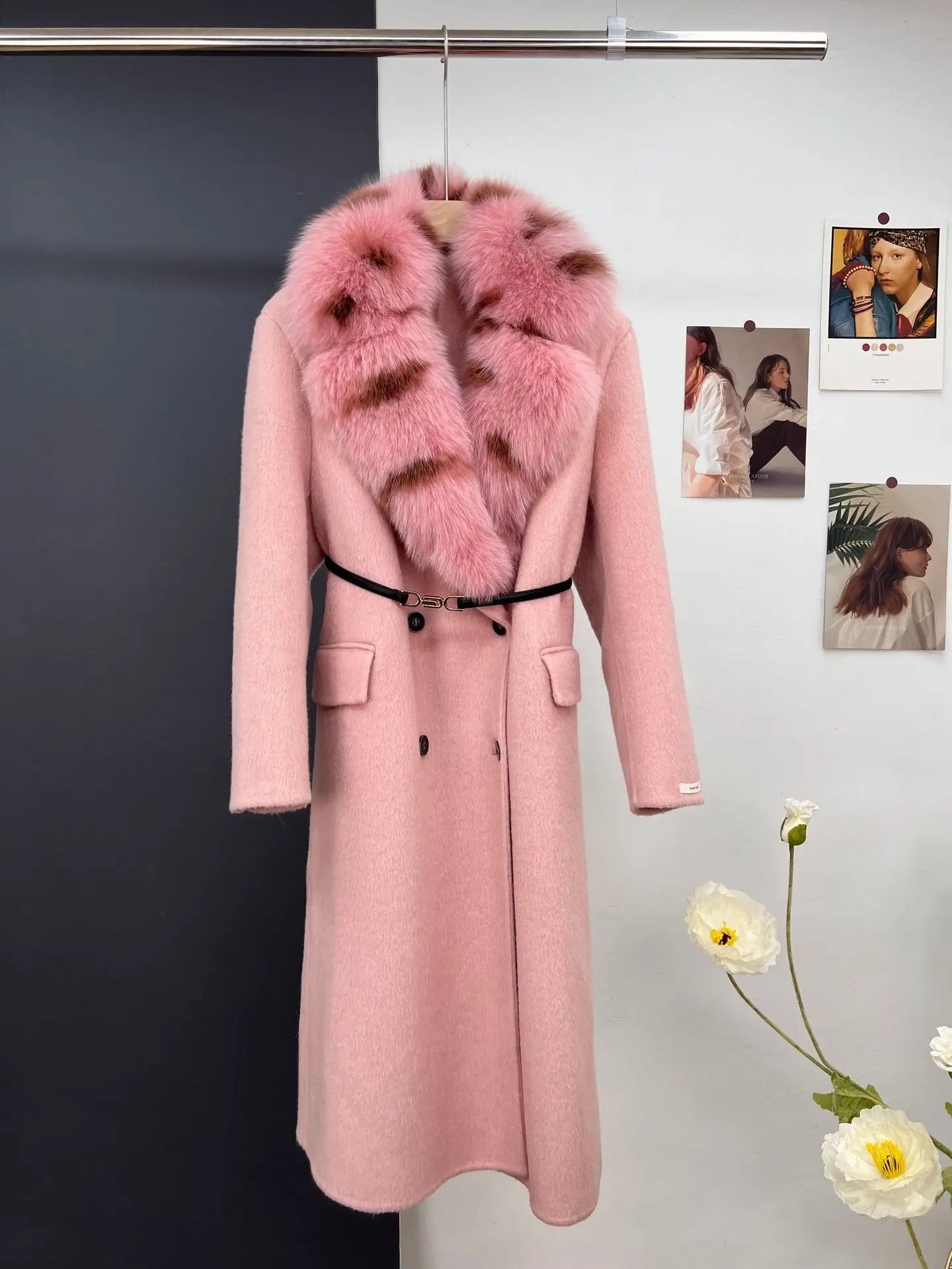 women's luxury wool coat  long patchwork design with detachable fox fur