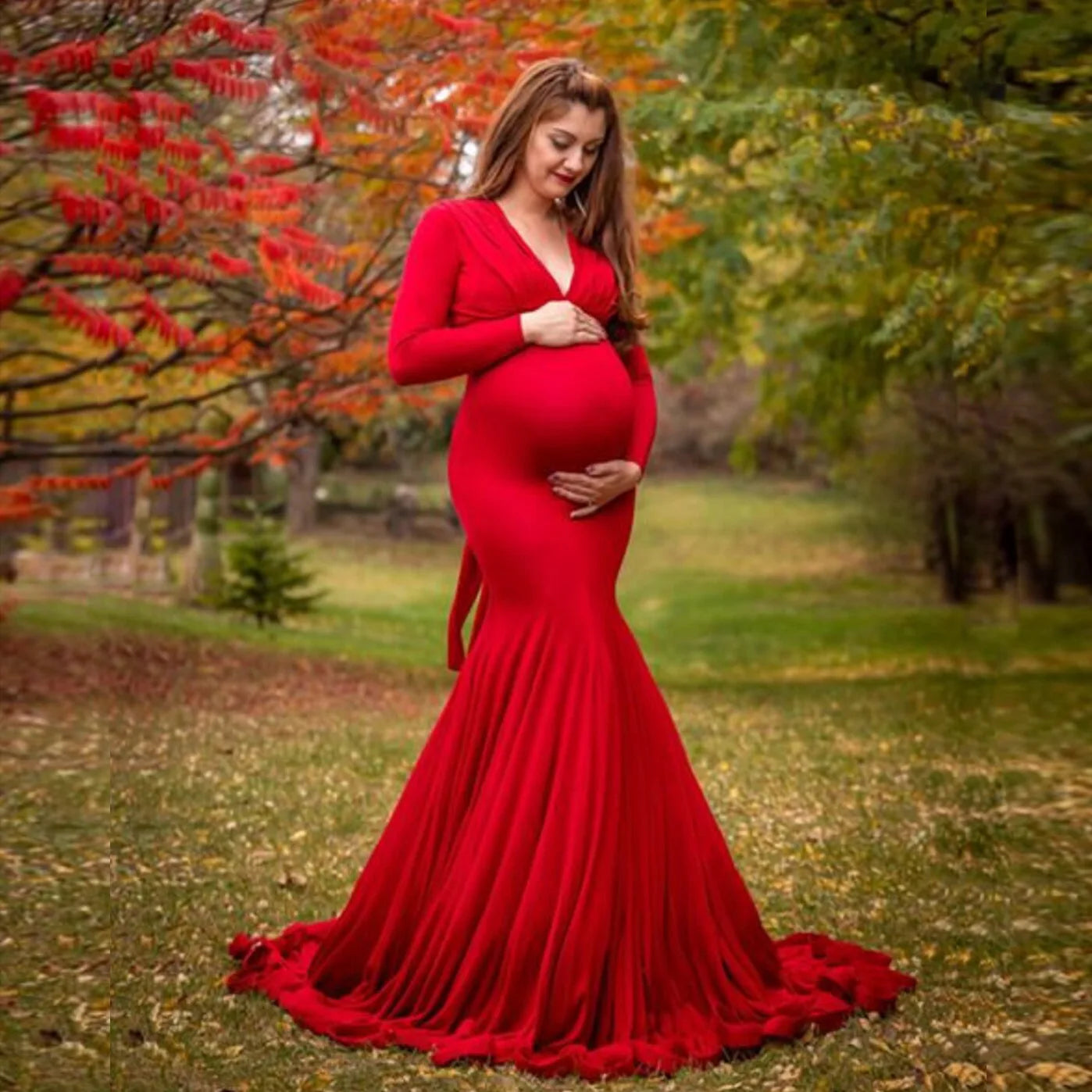 Women's Spring Autumn Maternity Dress Elegant Slim V-Neck Long Sleeve Mermaid Maxi Gowns for Photography Baby Shower Photoshoot