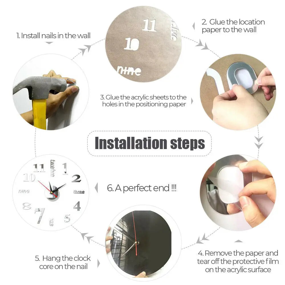 Combination 3D Spiegeluhr - Groß Selbstklebend Rahmenlos