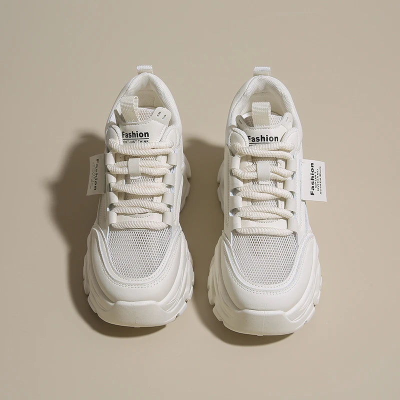 Whiet Breathable Chunky Sneakers Woman 2025 Spring Thick Platform Casual Sneakers Women Non Slip Lace Up Sports Shoes Female