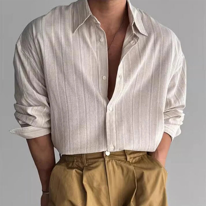 Cămașă cu dungi CN Guangdong, mânecă lungă, guler răsturnat - material de dimensiuni mari