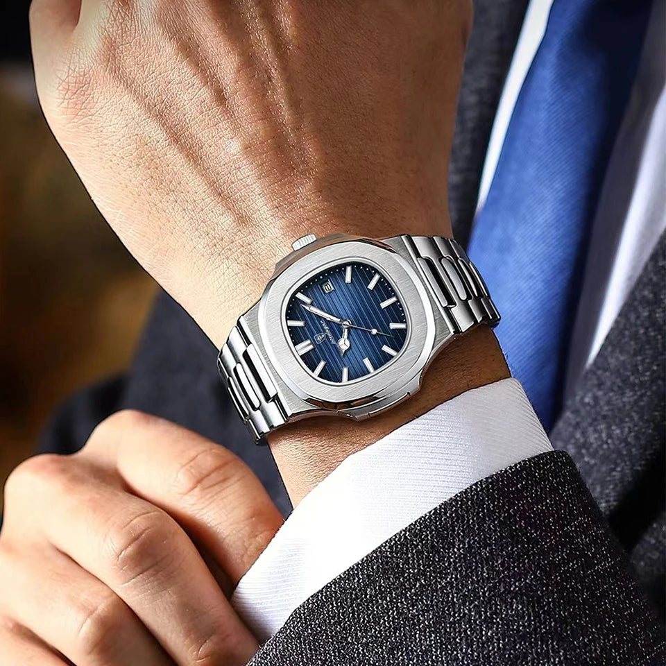 POEDAGAR Luxury Watch 2024 New Business Waterproof Male Clock Luminous Date Stainless Steel Square Quartz Men Watch reloj hombre