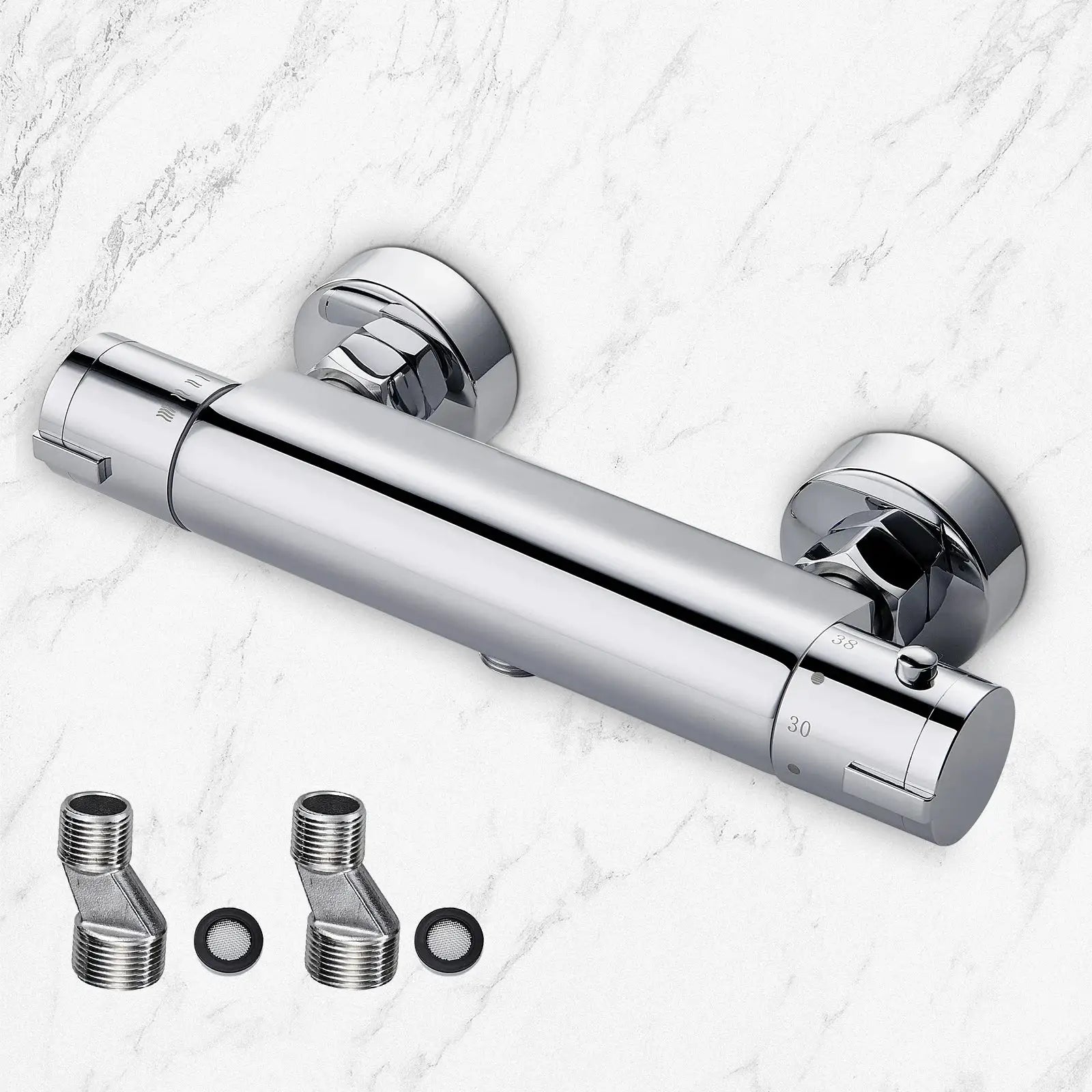 Duschmischbatterie mit Thermostat, 38 ° C-Sicherheitsknopf, runder thermostatischer Chrommischer für Badezimmer und Badewanne, oberflächenmontiert by Golden Bridge Store