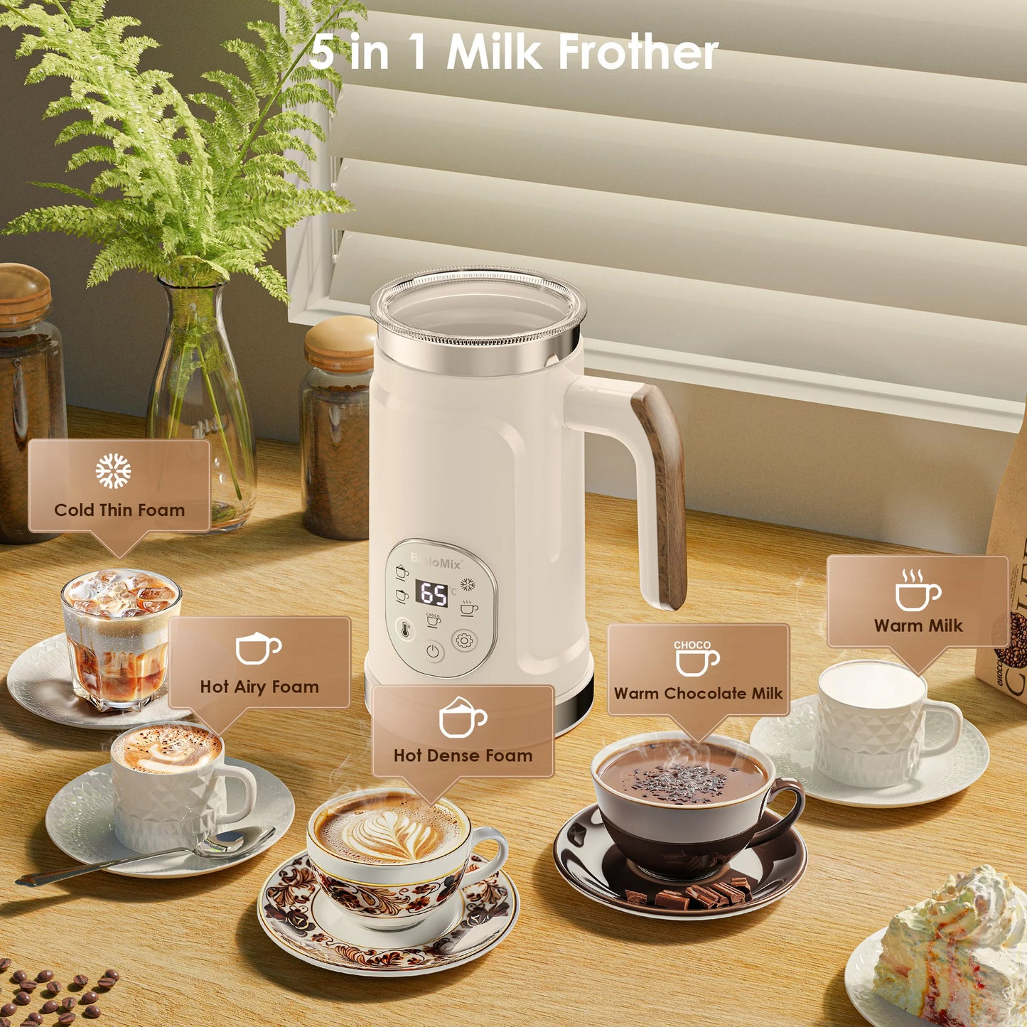 BioloMix 5-in-1 Milk Frother with Upgraded LED Display Touch Screen - Hot And Cold Foam Maker Milk Warmer for Coffee Latte