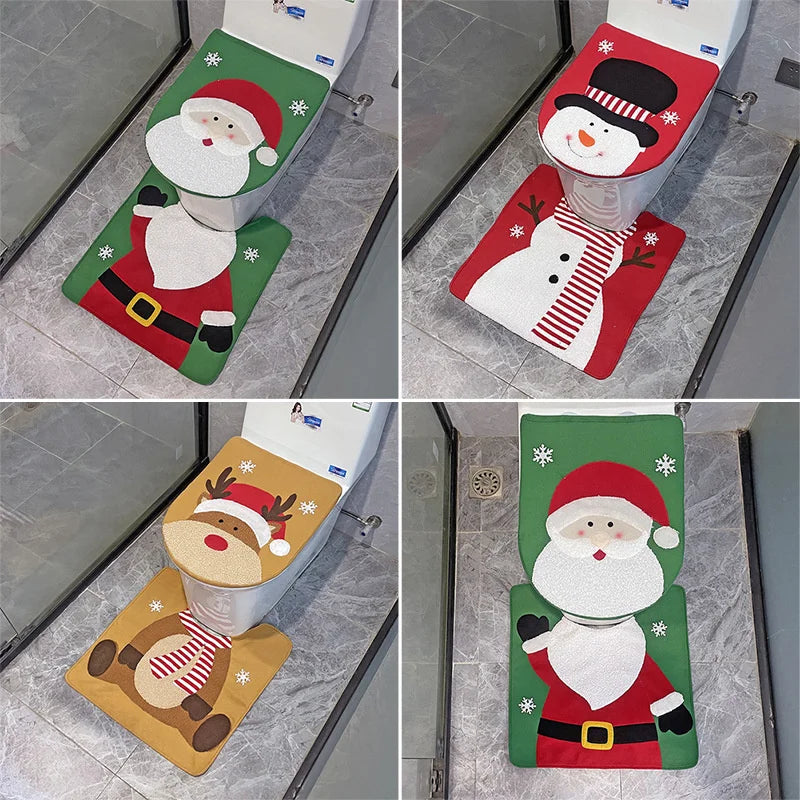 Creative Santa Claus Snowman Toilet Covers Cartoon Toilet Mat Toilet Seat Lid Cover Floor Carpet Set Christmas Decoration