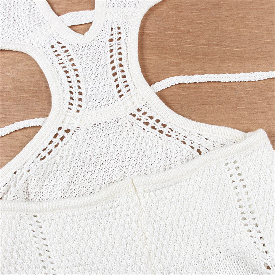 Elegant V-Hals Halter Cut Out Crochet Knitted Long Dress Backless Beach Cover Up Beach Dress Maxi Dress Beachwear Female DV4822