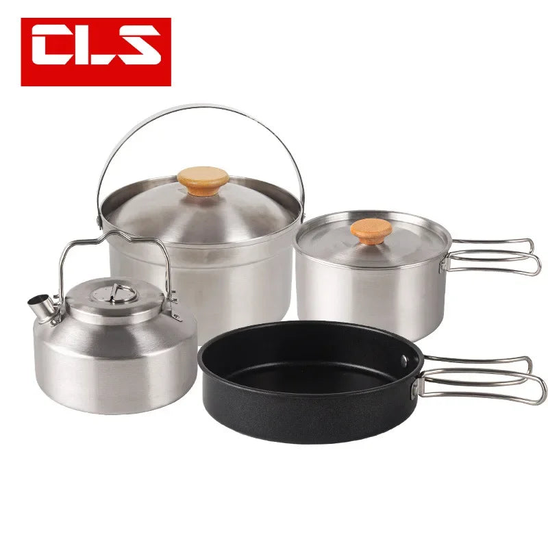 New Set 4pcsOutdoor Stainless Steel Pot Set Camping Family Pot Set 1L Portable Picnic Soup Pot Frying Steaming Household Camping