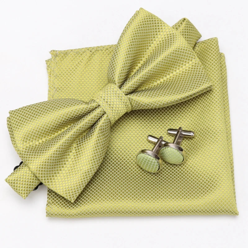 Men Bowtie Set 3pcs Plaids Classic Fashion Wedding Party Formal Cufflinks Bow Tie Handkerchief Cuff Links Lots Three Piece Set