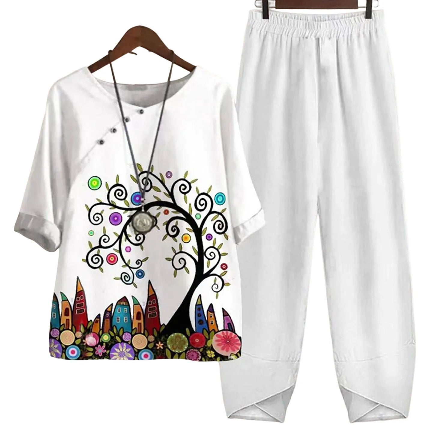 Elegant  Women Outfit Breathable Flower Pattern Blouse Trousers Half Sleeves Soft Blouse Pants Spring Clothes