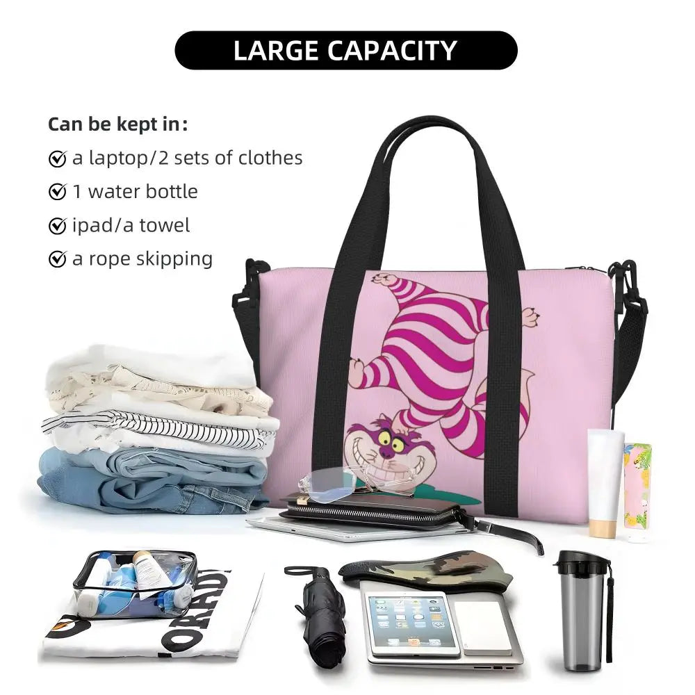 Custom Cheshire Cat Beach Tote Bag for Women We're All Mad Here Cat Big Compartment Gym Beach Travel Bags