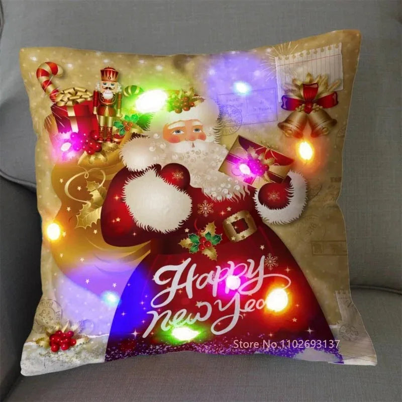 Christmas Pillowcase Decorations Home Cushion Cover LED Light 45x45cm Xmas Pillow Cover for Bedroom & Living Room Party Decor