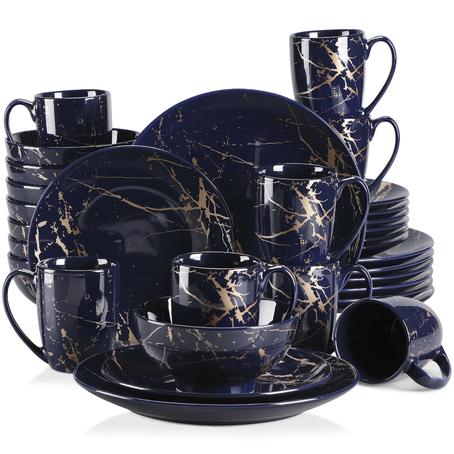 LOVECASA 16/32/48 Stück schwarzes blaues Porzellan-Dinnerware-Set, Design von Gold Splash, mit Dinner-Plate, Cake-plate, Bowls, Coffee Cups