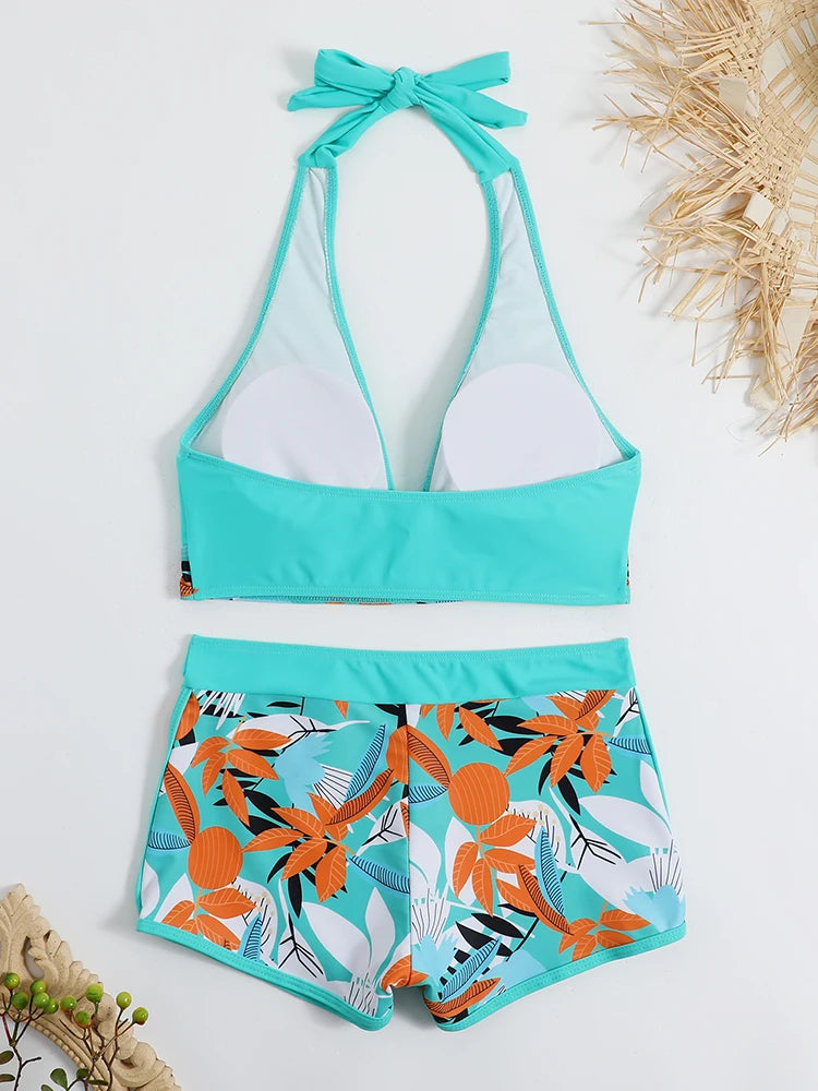 Halter Bikini Set High Waist Design Wire-Free Support Spandex Polyester Kurzer Schwimmanzug