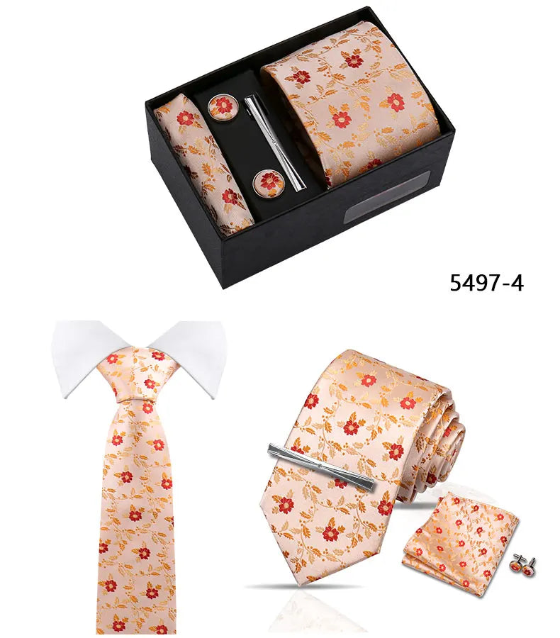 Elegant Men's Suit Necktie Gift Box Set Floral Tie Handchief Cufflinks Tie Clip 4-Piece Business Wedding Party Suit Accessories