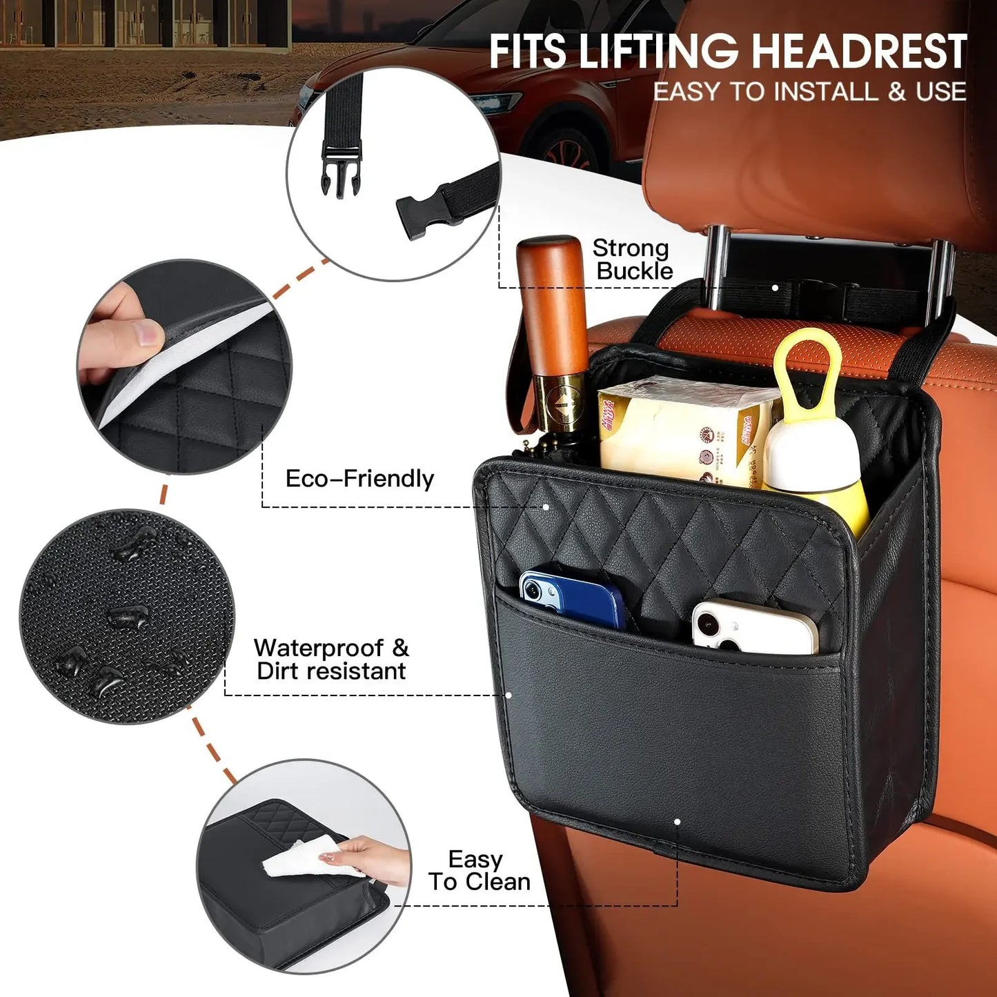 Multifunktionale Auto Sitzrücken Aufbewahrungstasche - Leder Speichertasche Mülltasche - Aufbewahrung Mülleimer für die meisten Modelle