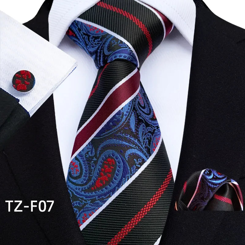 Luxury Mens Ties Floral Black Gold Ties Paisley Grid NeckTie Pocket Square Cufflinks Set Men's Wedding Party Tie