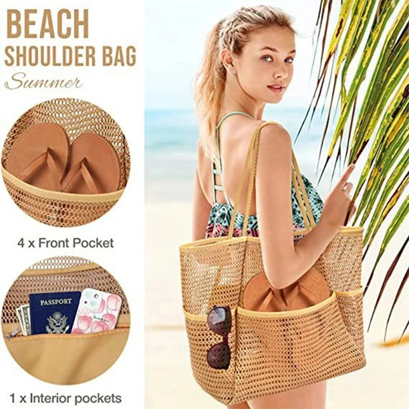 Women Swimming Beach Mesh Bag Ladies Shoulder Bag Large-capacity Travel Portable Storage Bag Multifunction Handbag