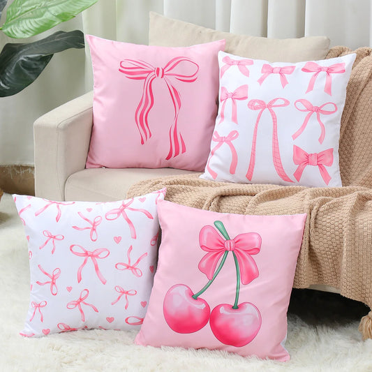4pcs Pink Bow Cherry Pattern Printed Pillowcase Birthday Cushion Cover Sofa Cushion Cover Pink Bow Party Decoration Supplies