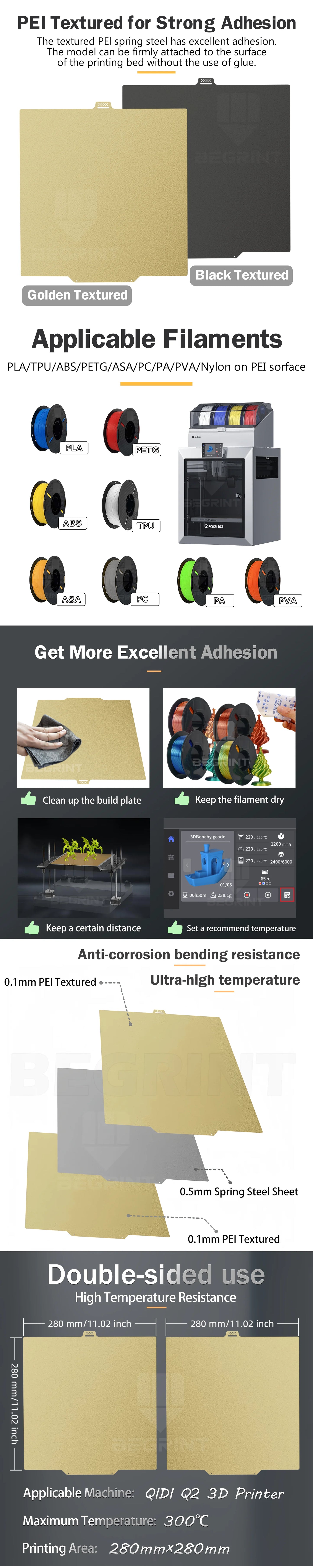 Pat încălzitor BEGRINTU Q2 - oțel cu arc PEI față-verso 280x280 mm