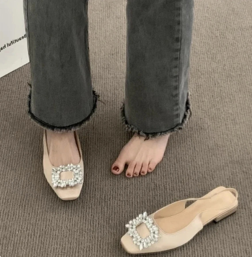 Fashion Women's Sandals Summer New Slingback Slippers Female Low Heel Rhinestone Buckle Back Strap Sexy Pumps Sandalias De Mujer
