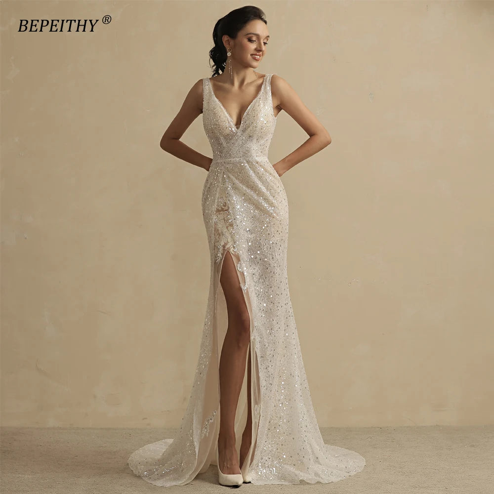 BEPEITHYCustomized Glitter Ball Gown Hochzeitskleid Full Sleeves For Women Bride 2022 Sweetheart Ruffle Skirt Shinny Bridal Dress